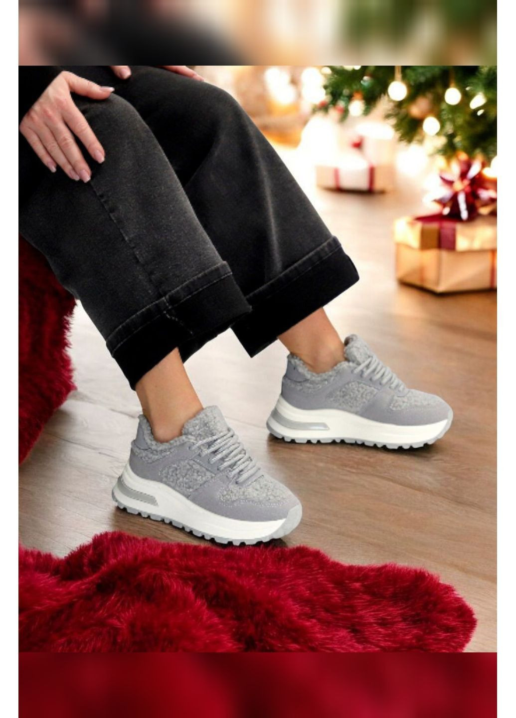 Женские серые кроссовки зимние с мехом тедди тёплые на шнуровке с белой подошвой Viki кросівки серые зима (369339864)