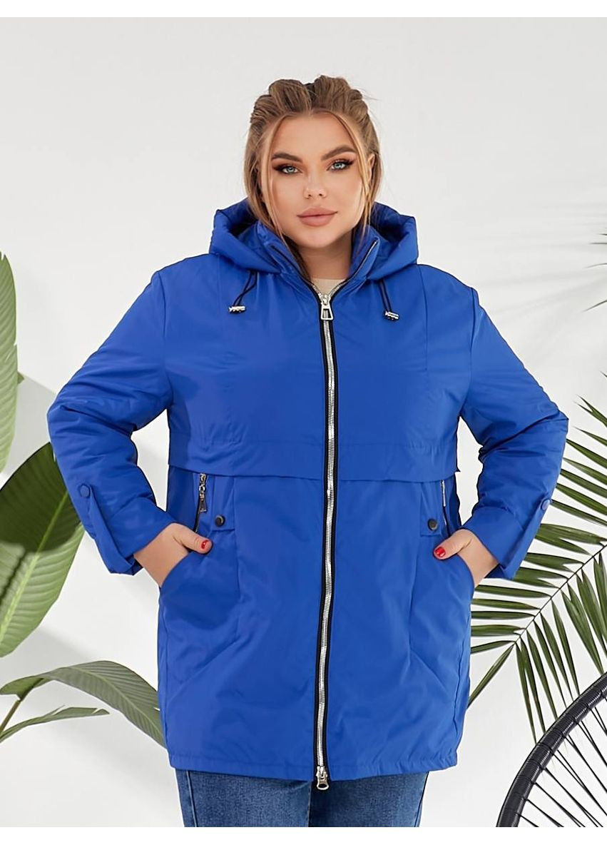 Синяя демисезонная демисезонная женская куртка удлиненного кроя с капюшоном. MonCher