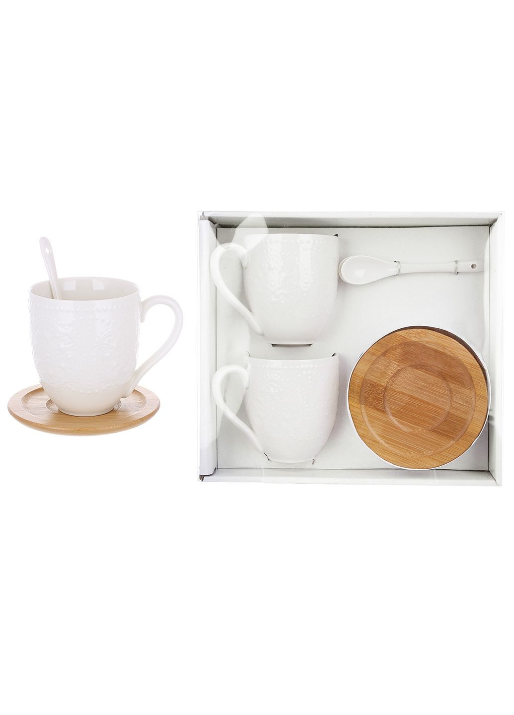 Набор фарфоровых чашек с бамбуковыми блюдцами (2шт) и ложками Кружева 350мл No Brand (296780210)