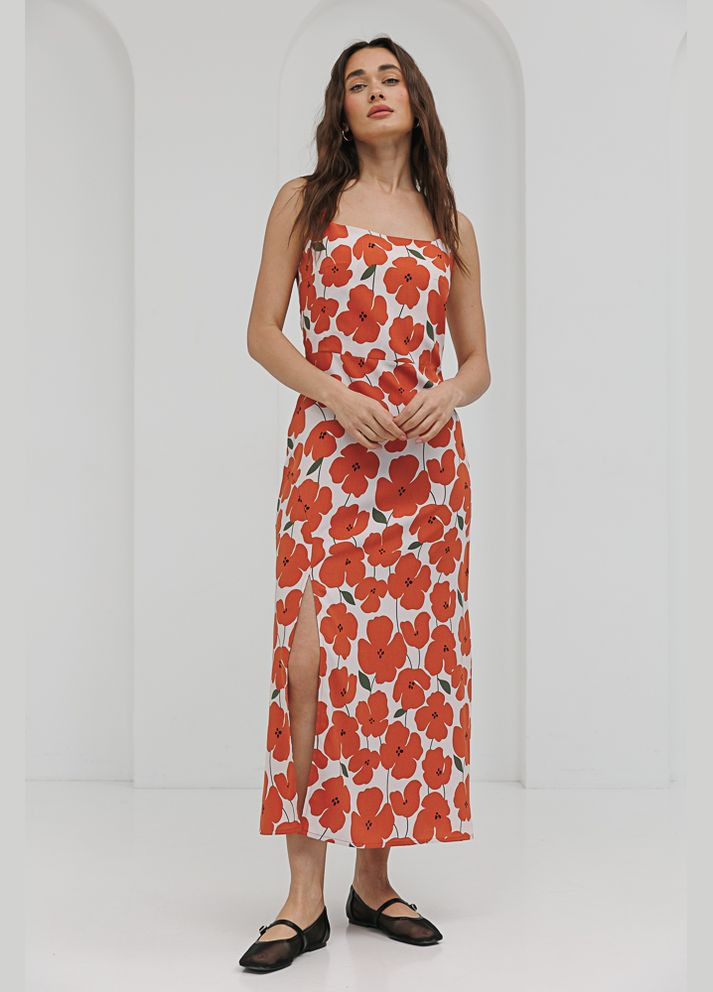 Бежева довга літня сукня з молочним розрізом в чорні квіти Arjen