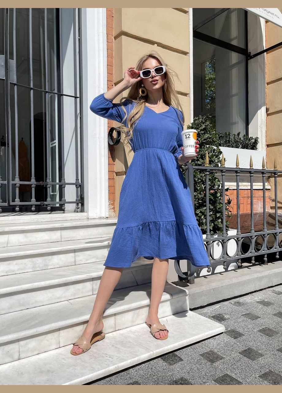 Синя повсякденний жіноча літня сукня довжини міді з мусліну MonCher