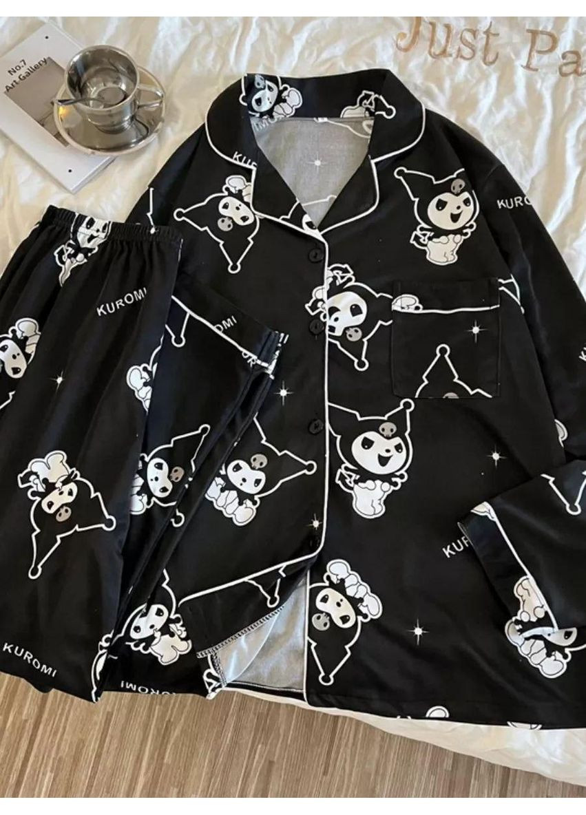 Чорна всесезон піжама kuromi з довгим рукавом. підліткова брючна піжама в класичному стилі. в комплекті: сорочка + штани. No Brand