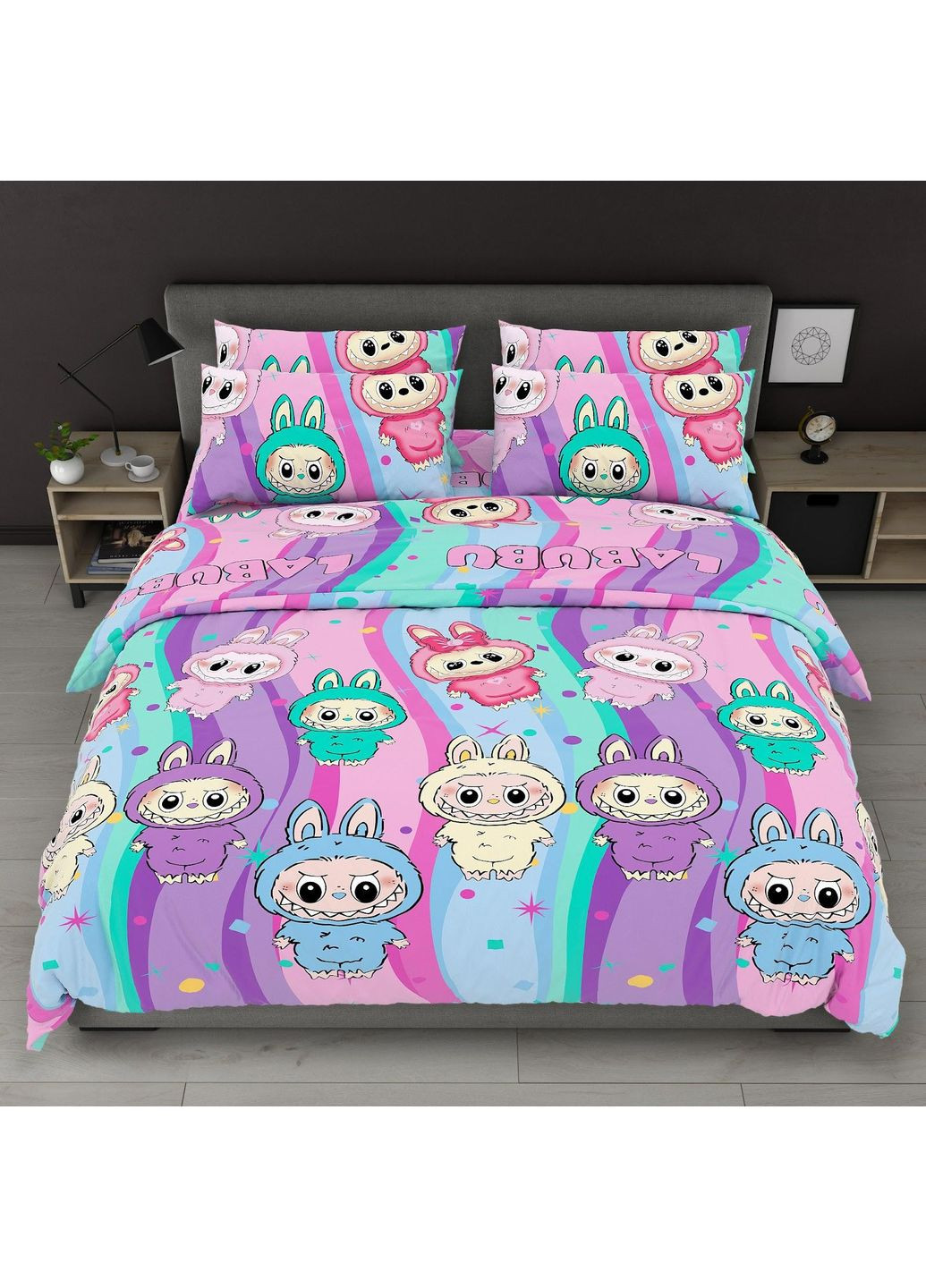 Постельное белье хлопковое Лабубу веселка Полуторное 150 x 220 Бязь Розовое 50 х 70 No Brand (365307529)