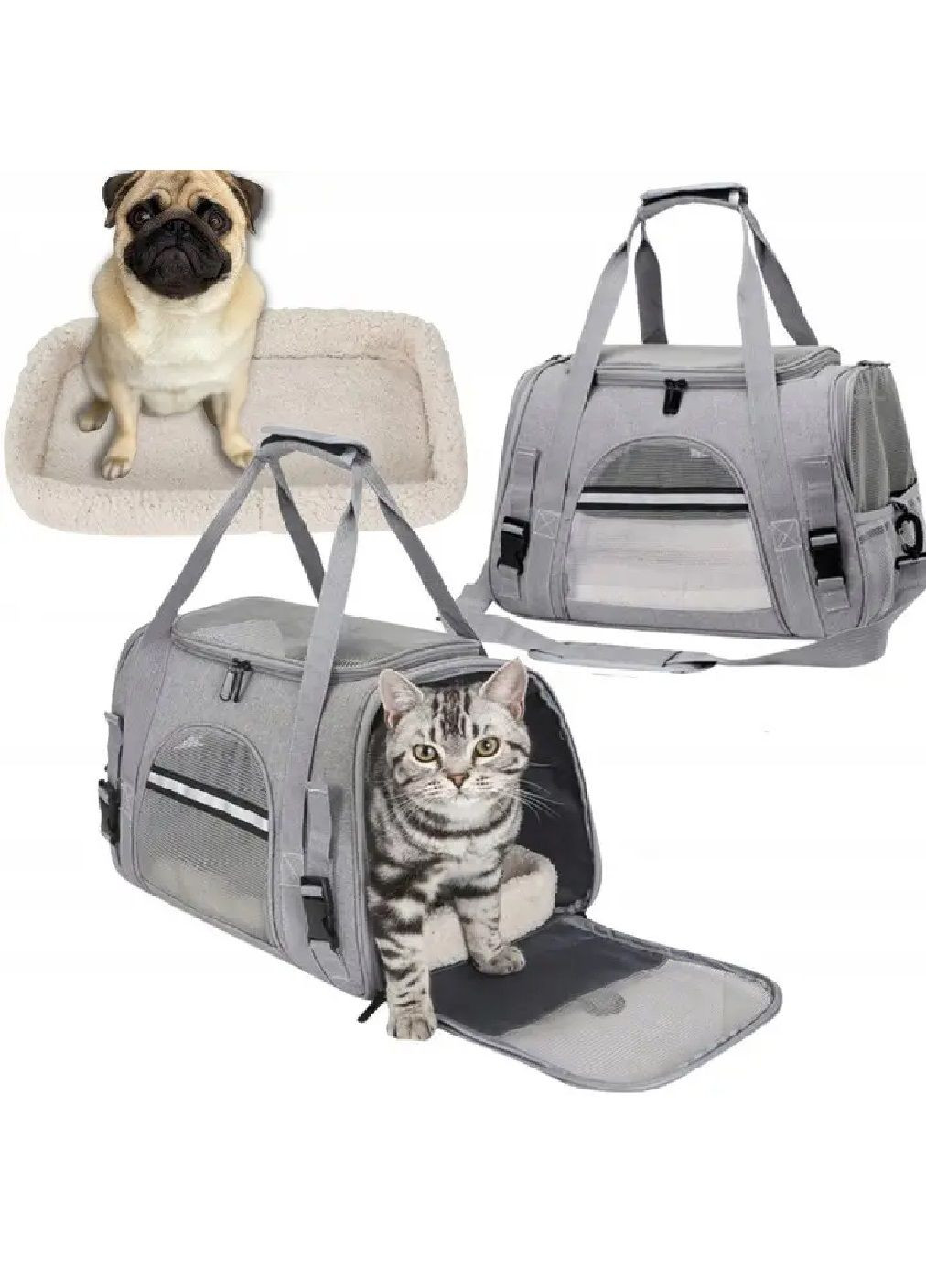 Сумка переноска для транспортировки животных кошек собак с ковриком ручками ремнем карманами 41х30х23 см (477257-Prob) Серая Unbranded (296095295)