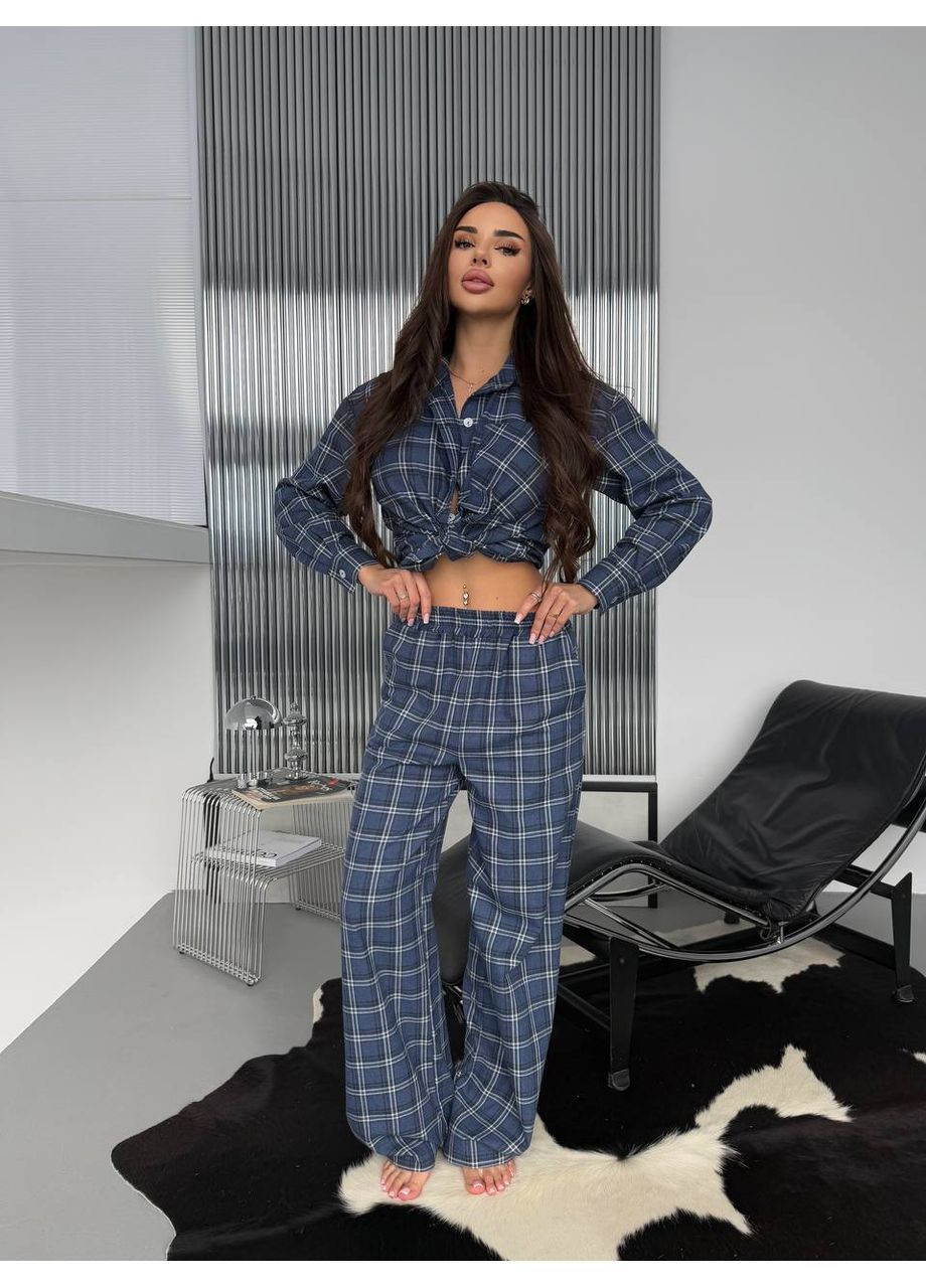 Синяя всесезон женская пижама в клетку рубашка + брюки No Brand