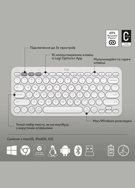 Комплект (клавиатура, мышь) беспроводной Pebble 2 Combo White (920-012240) Logitech (336954046)