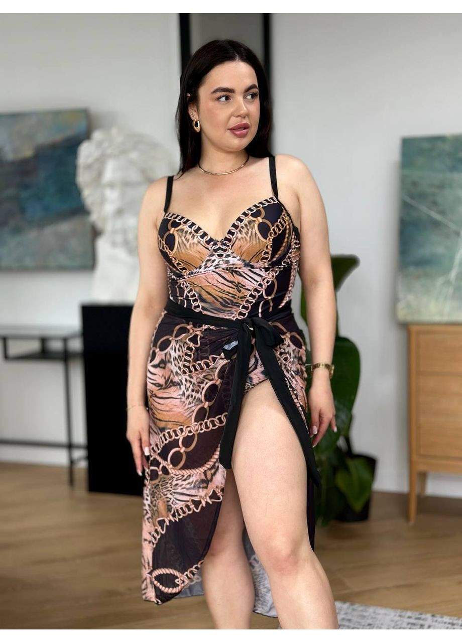 Комбинированный летний женский комплект плюс сайз сплошной купальник + парео женский купальник сплошной с парео больших размеров No Brand