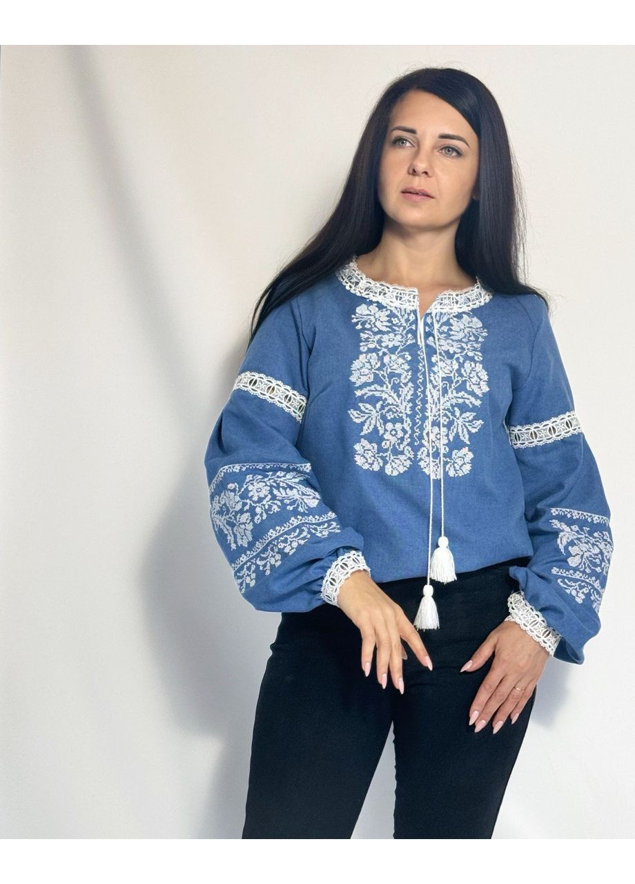 Синяя современное вышитое платье с длинным рукавом на бирюзовой ткани. узор цветочный вискоза (352503749)