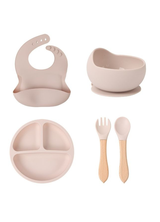 Комплект силиконовой посуды для прикорма малышей. Набор 5 в 1 Бежевый No Brand (334002100)