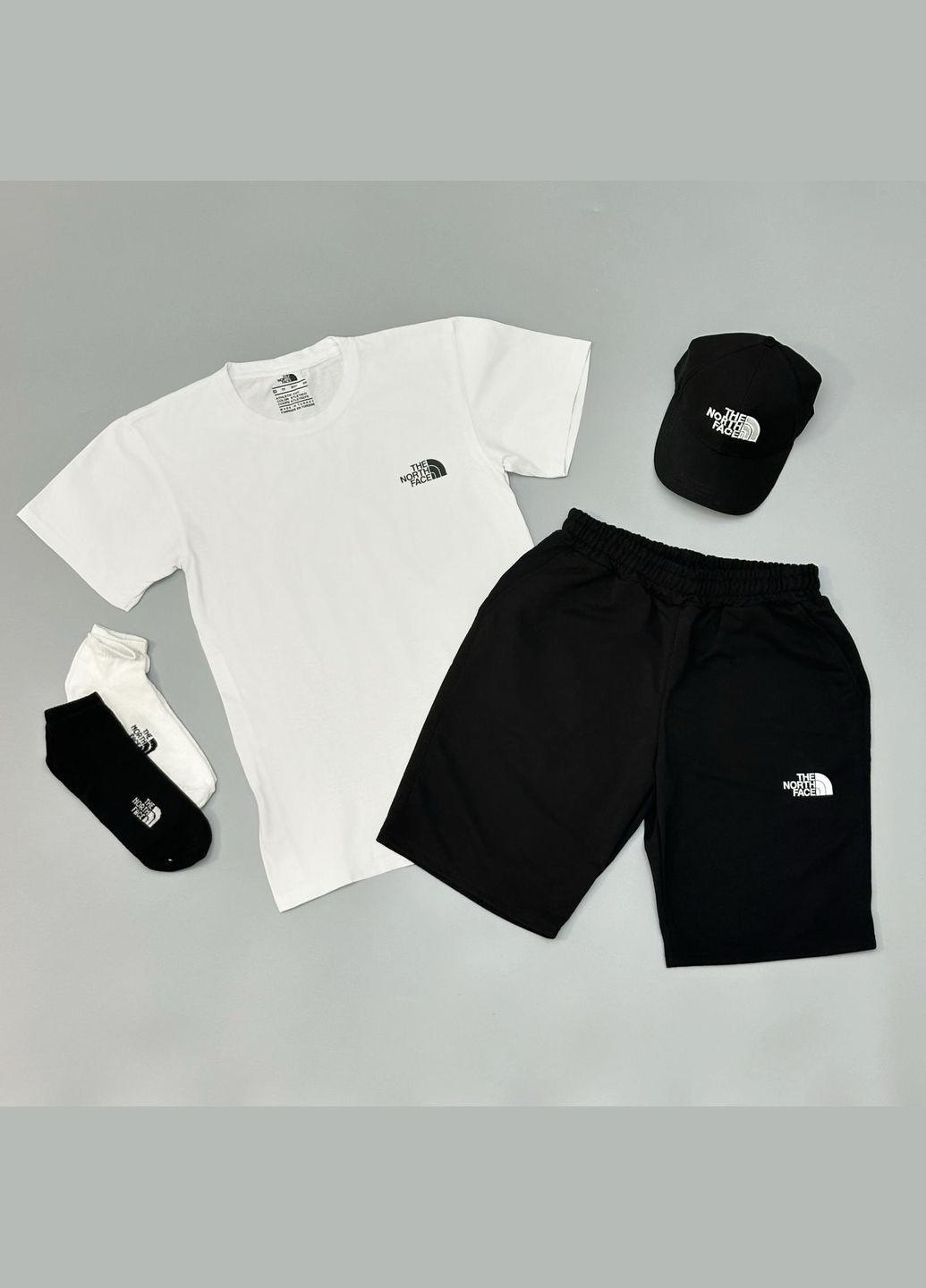 Стильный мужской костюм 4в1 The North Face шорты+футболка+кепка+носки черныо-белый Freedom (332980481)