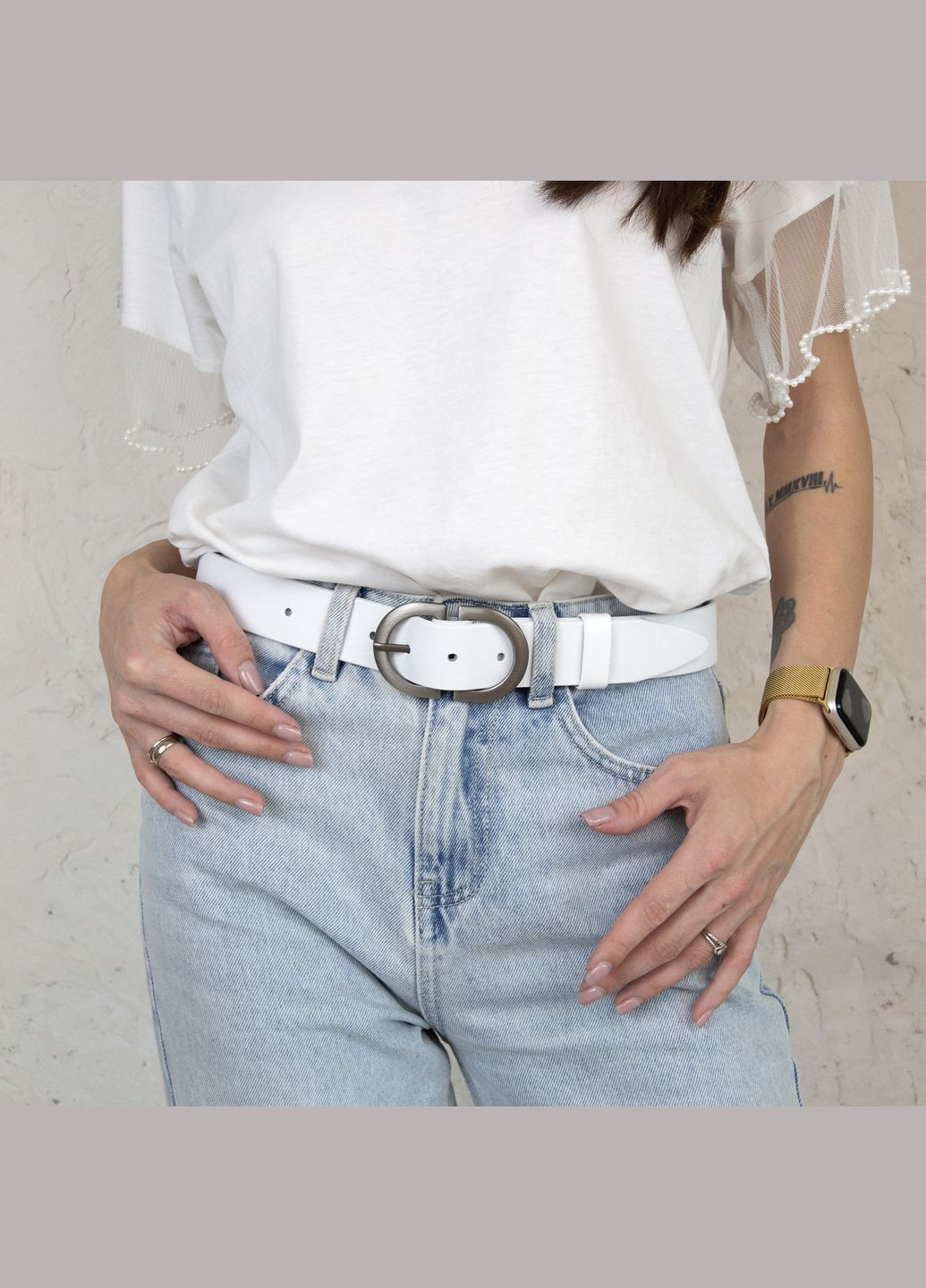 Ремінь жіночий шкіряний НС-3424 (120 см) зі сріблястою подвійною пряжкою білий HandyCover (343353128)