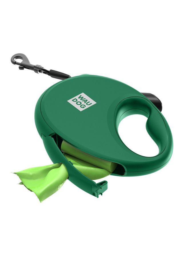 Повідець-рулетка для собак WAUDOG R-leash з контейнером для пакетів, світловідбивна стрічка,, до 40 кг, 5 м, зелений No Brand (363200616)
