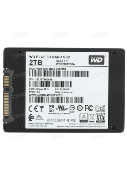 Твердотельный внутренний SSD накопитель SATA 2TB (WDS200T2B0A) WD Blue 2.5 SATA III Western Digital (292324195)