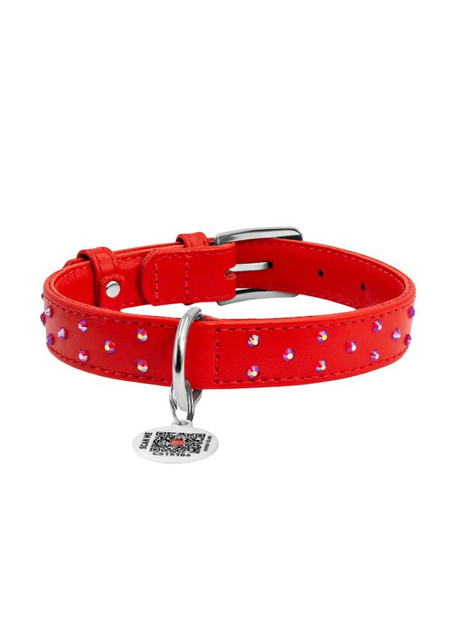 Нашийник для собак шкіряний Glamour з QR паспортом, з клейовими стразами, Ш 20 мм, Дов 30-39 см червоний WAUDOG (322002589)
