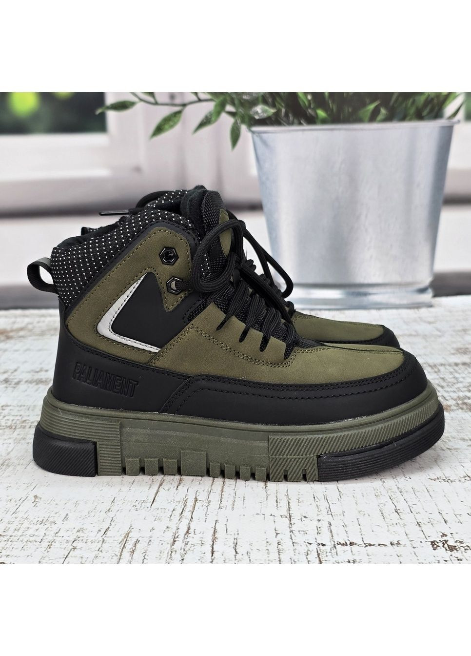 Хаки повседневные зимние ботинки зимние подростковые для мальчика хаки с черным Paliament