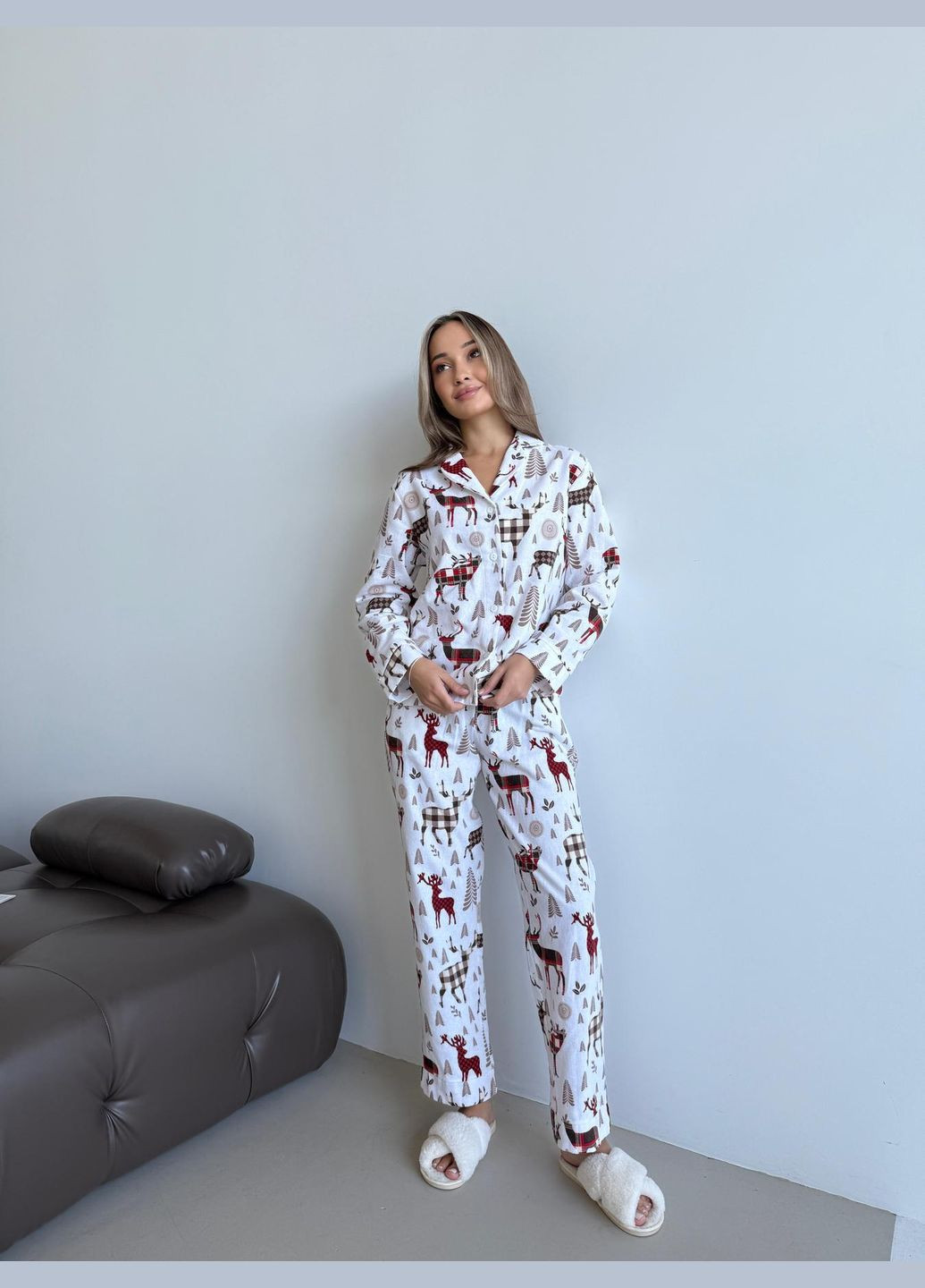 Молочная всесезон домашняя женская пижама "норди" с оленями рубашка + брюки Cosy