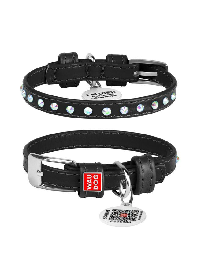 Нашийник для собак шкіряний Glamour з QR паспортом, з клейовими стразами, Ш 9 мм, Дов 18-21 см чорний WAUDOG (322001596)