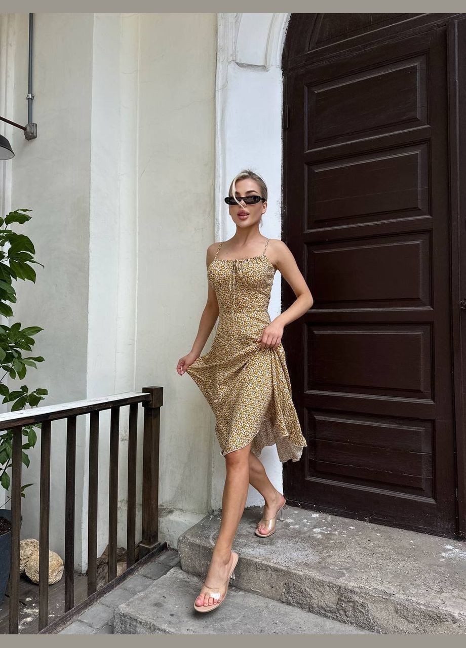 Жовтий повсякденний жіноча сукня міді з квітковим принтом MonCher з квітковим принтом