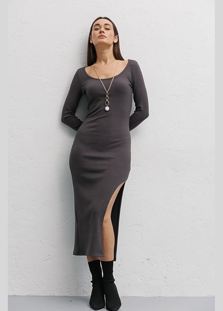 Сіра трикотажне плаття міді графітове з розрізом на нозі Arjen