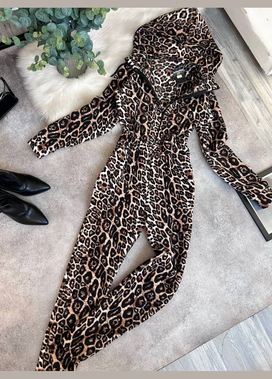 Комбінезон жіночий No Brand комбінезон-брюки леопардовий коричневий спортивний, повсякденний, кежуал, джинсовий фліс