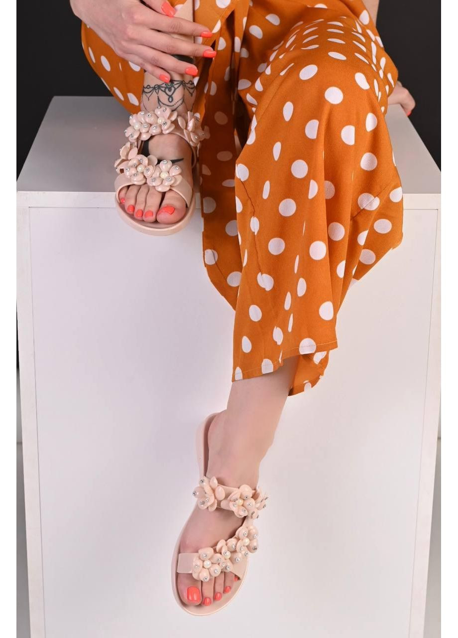 Бежевые шлепанцы женские летние бежевые силиконовые No Brand с цветами