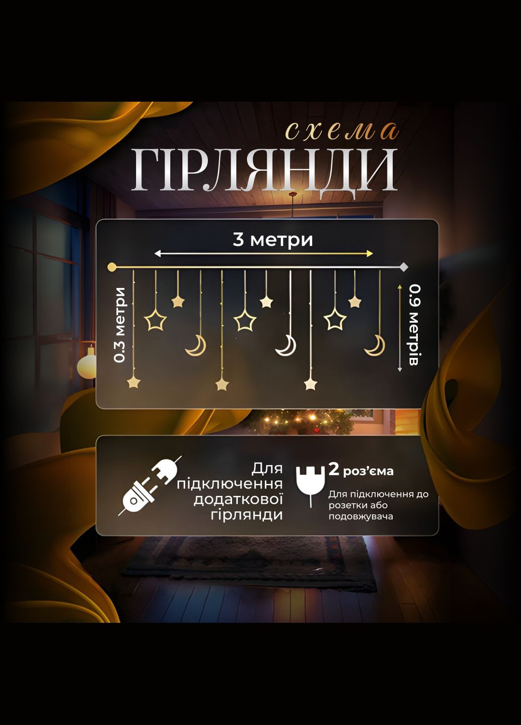 Гирлянда-штора Луна и звезды размер 3*0,9 м 12 фигур, желтая GarlandoPro (328603573)