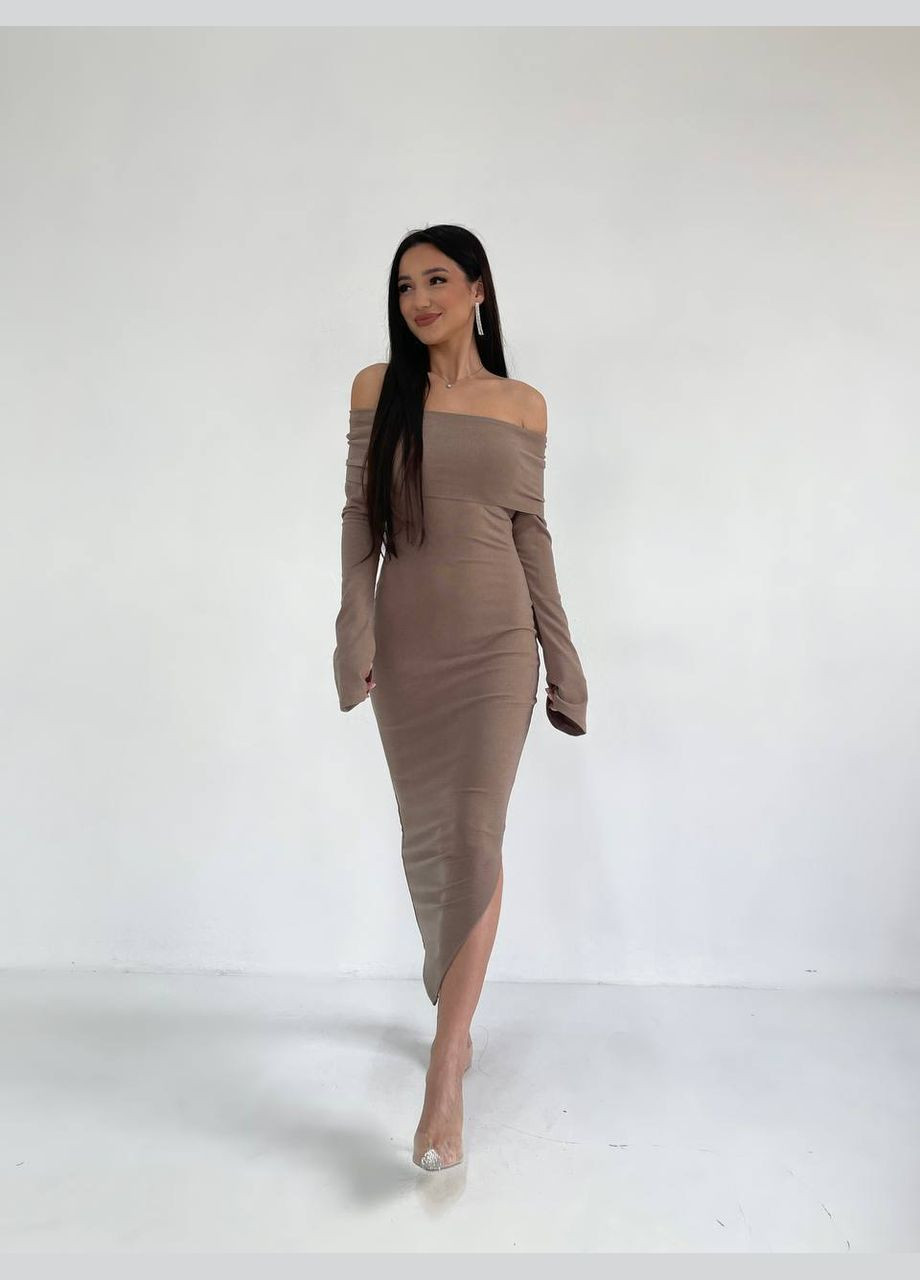 Бежева повсякденний сукня облягаюча з відкритими плечами No Brand однотонна