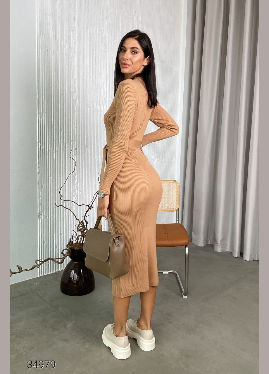 Бежева ділова, повсякденний, святковий в'язана сукня-водолазка міді в рубчик No Brand однотонна
