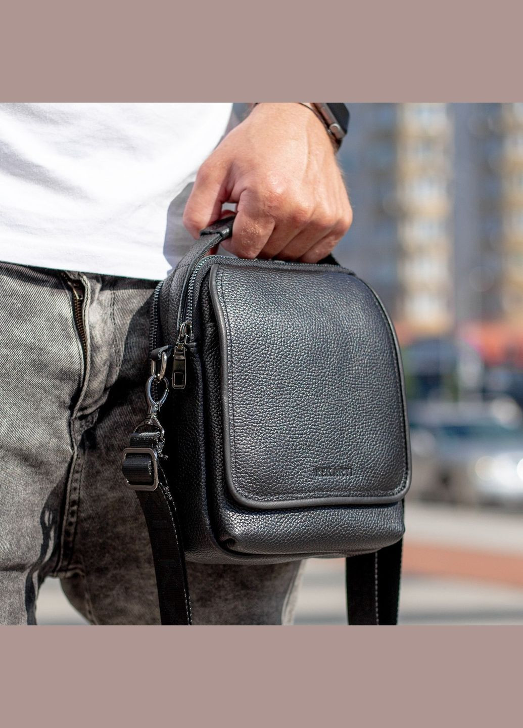 Мужская сумка через черное плечо с ручкой из натуральной кожи Tiding Bag (298570541)