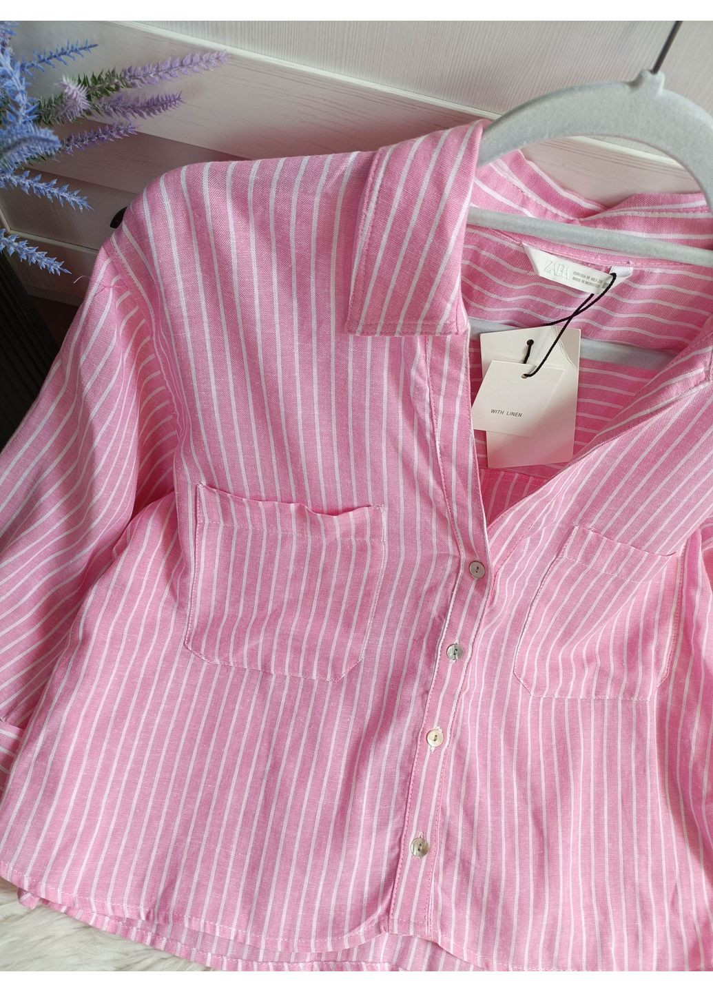 Смугаста укорочена сорочка з льоном Zara (354816925)