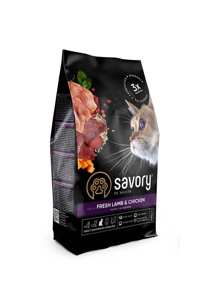 Сухой корм для стерилизованных кошек Adult Cat Steril Fresh Lamb and Chicken со свежим ягненком и курицей 0,4 кг Savory (387662630)