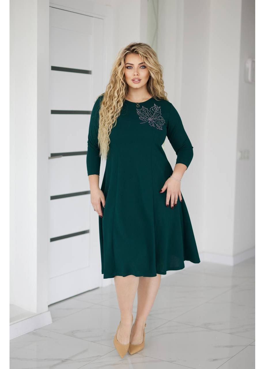 Бутылочное зеленое праздничный, повседневный, деловое, кэжуал женское платье с аппликацией а-силуэт Style Point однотонное