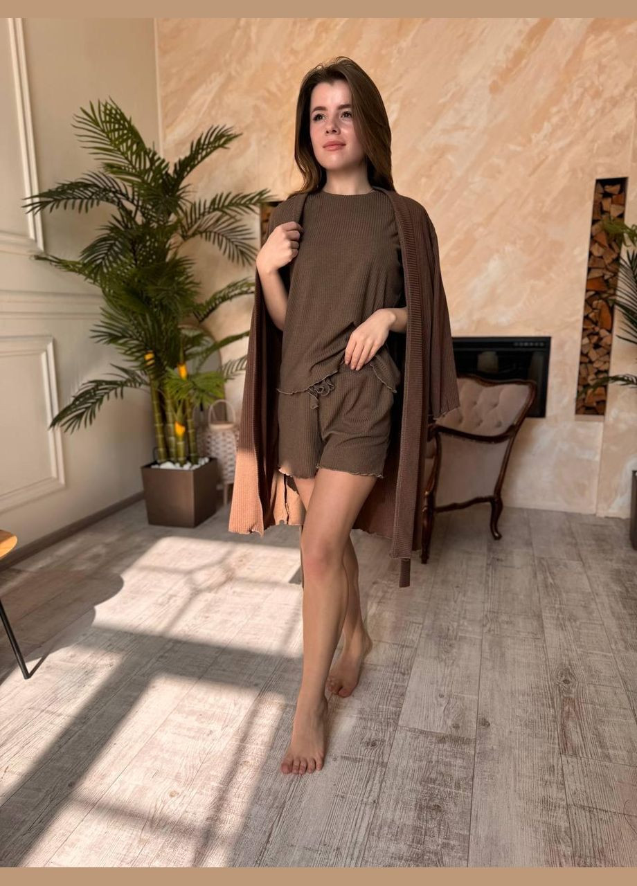Коричнева всесезон комплект халат та піжама з шортами та футболкою коричневий к4005-4 (к4005-4-02) No Brand
