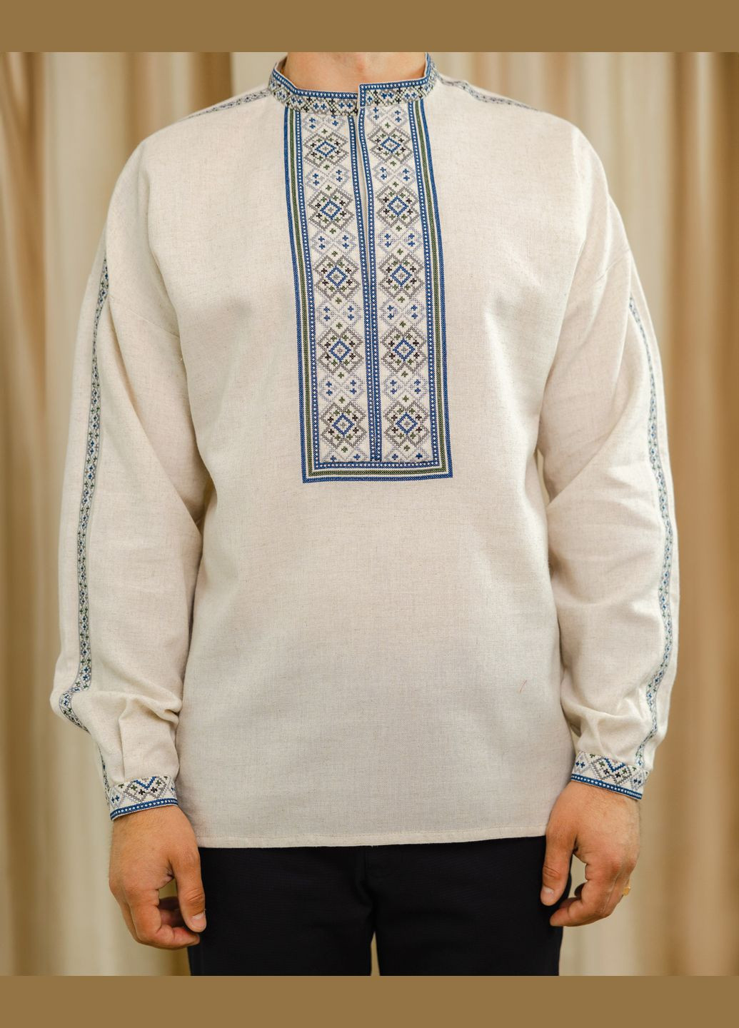 Светло-бежевая вышиванка мужская, рубашка вышиванка сокол, рубашка вышитая узор орнамент прямой вискоза, лен (334001039)