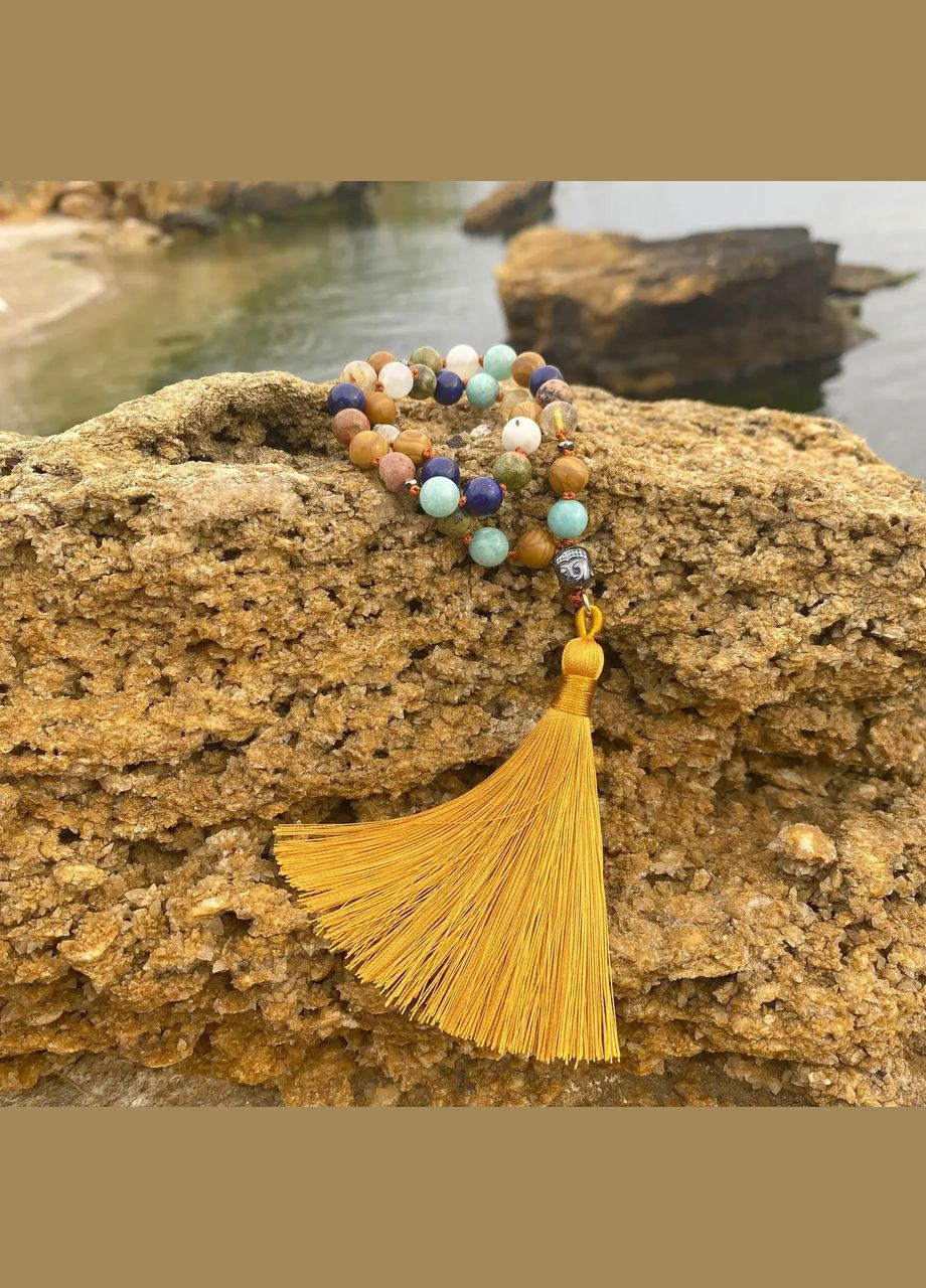 Чітки Асорті натурального каміння+бусина Будда+вставки з гематиту 33 намистини d-8мм колір пензля Жовтий No Brand чотки (301910892)