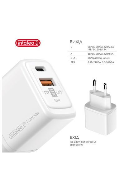 Зарядное устройство (1283126578274) Intaleo 30W GAN USB-C PD+USB-A QC 3.0 white (370021387)