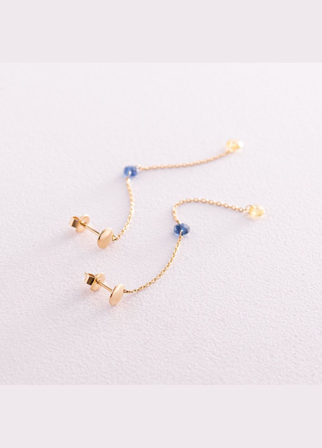 Висячие золотые серьги - пусеты Украинка (голубые и желтые фианиты) с08104 Oniks (267229891)