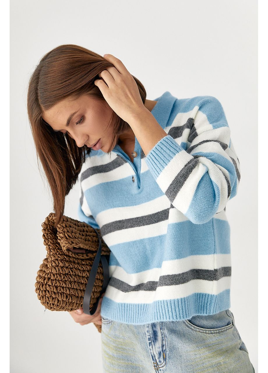 Блакитний демісезонний в'язаний светр-поло у смужку No Brand