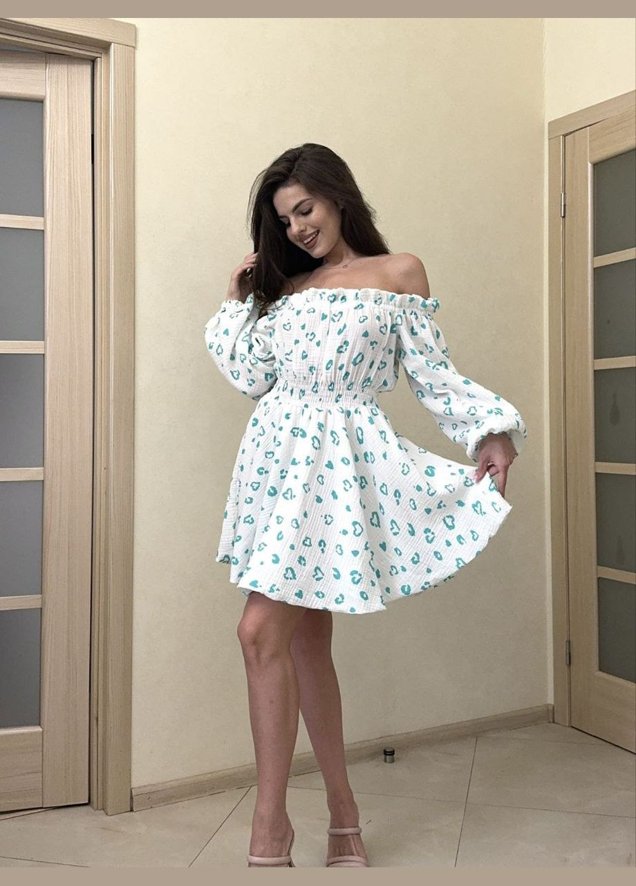 Белое летнее муслиновое платье с пышной двойной юбкой белое с мятными сердцами. You Best