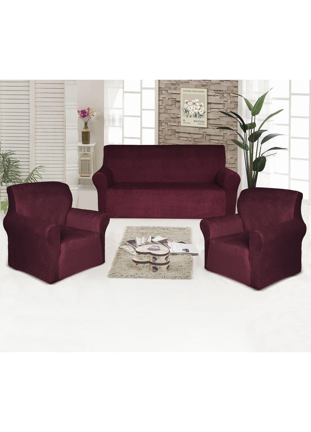 Чехлы: велюровые Диван + 2 кресла Бордовый Love You (364211926)