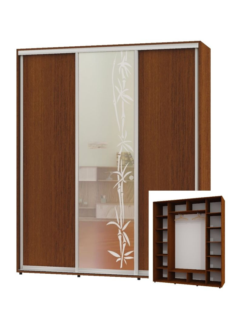 Шкаф-купе трехдверный 210*45*220 Орех лесной 2 ДСП/Зеркало с пескоструйным рисунком ШК-05 Алекса (360469119)