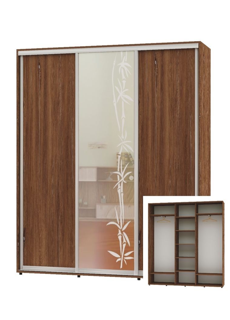 Шафа-купе тридверна 200*45*240 Дуб вінтаж 2 ДСП/Дзеркало з піскострумним малюнком ШК-04 Алекса (360440187)