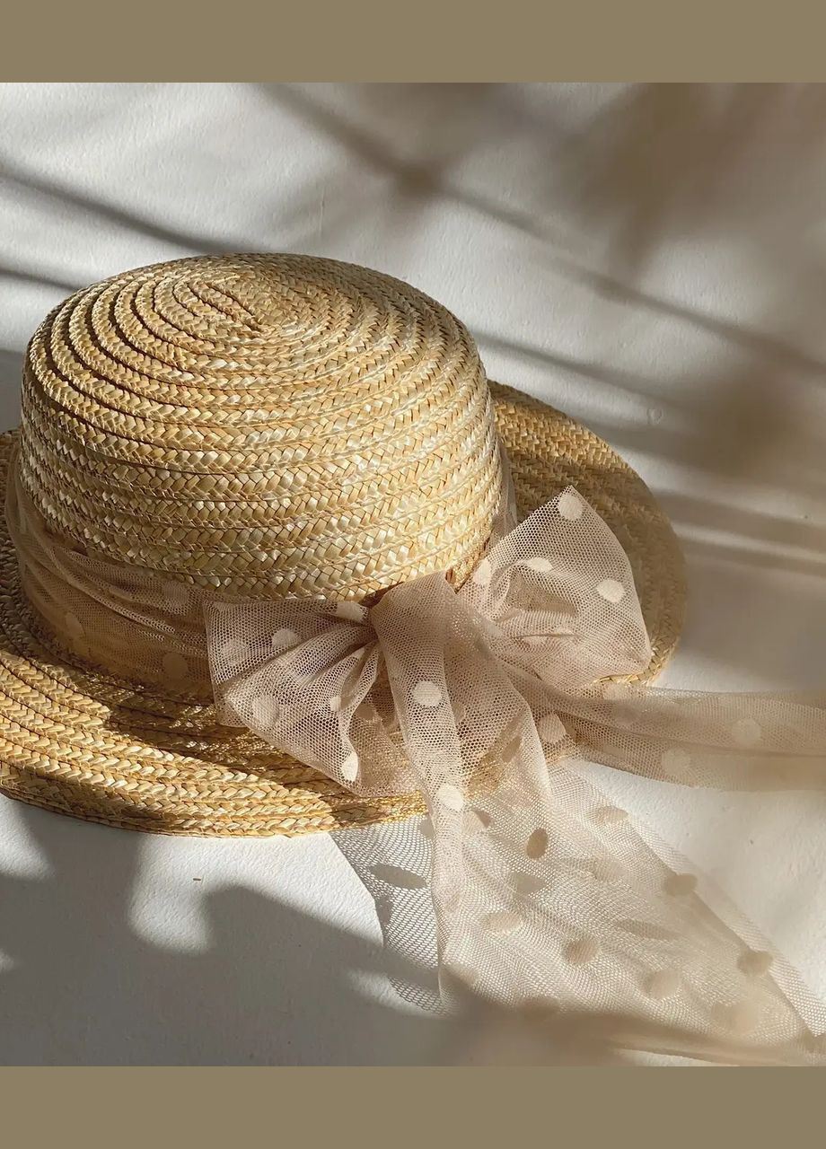 Канотье соломенная шляпа с прямыми полями 6 см с бежевым гипюровым бантом D.Hats (283022809)