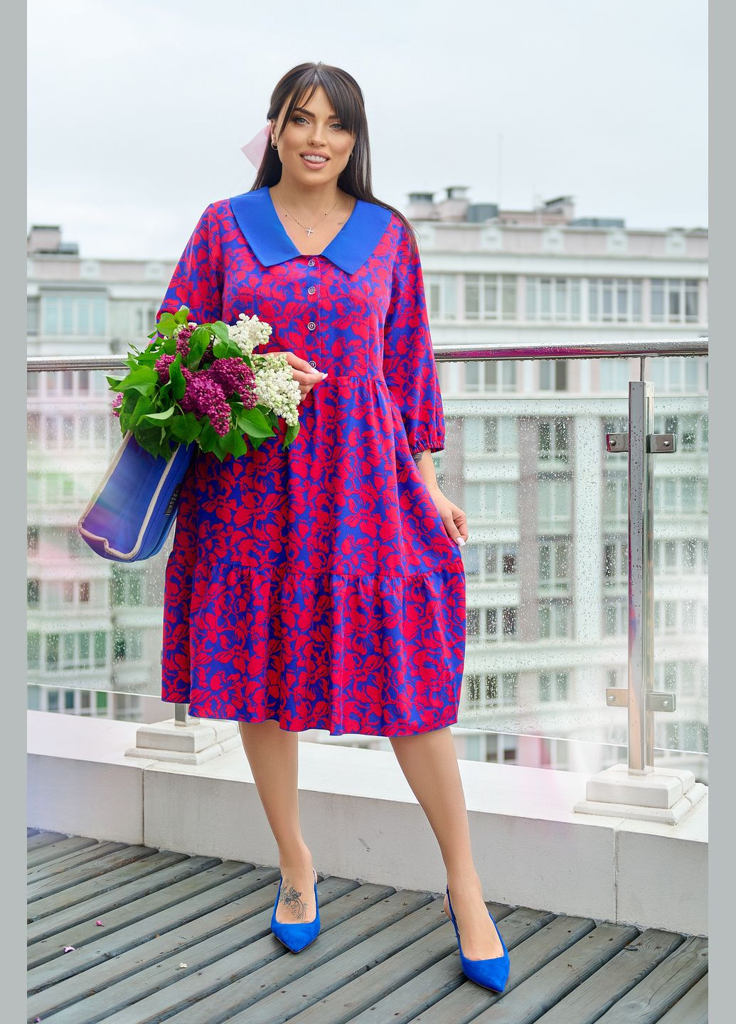 Розовое кэжуал трендовое платье колокол No Brand с цветочным принтом
