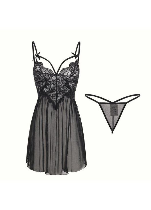 Кружевной пеньюар с разрезами "Grace" трусики стринги в комплекте цвет черный No Brand Грація (315041040)