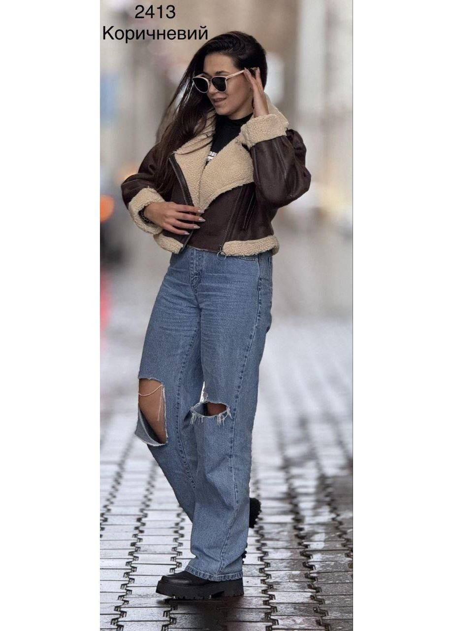 Коричнева зимня жіноча дублянка штучна тепла коротка коричнева м, л, хл NONA