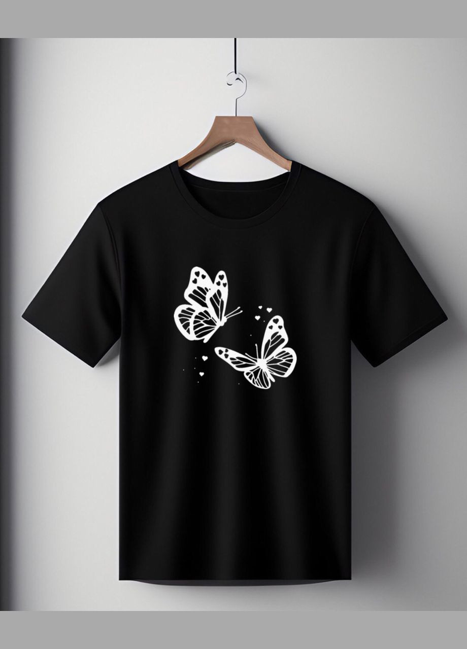 Футболка чорна оверсайз унісекс з принтом "Метелики " Handmade (308244961)