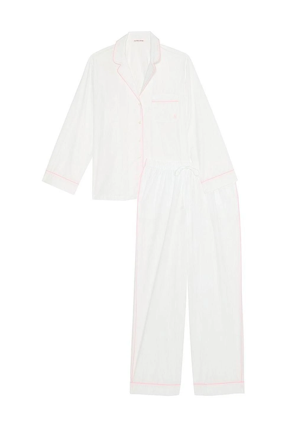 Біла всесезон жіноча бавовняна піжама heritage cotton long pajama set — білий комплект із рожевим кантом сорочка + брюки Victoria's Secret