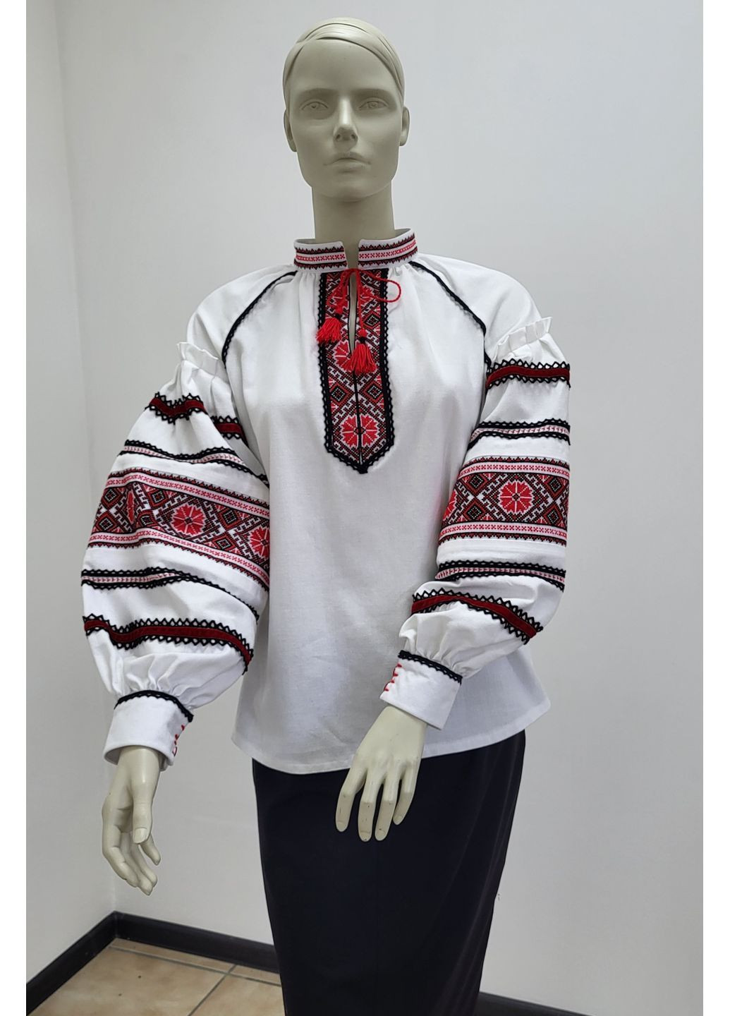 Комбинированная женская рубашка с вышивкой (ручная) и кружевом на домотканом полотне "карминовая" Hand Made узор украинская символика свободная хлопок (369617171)