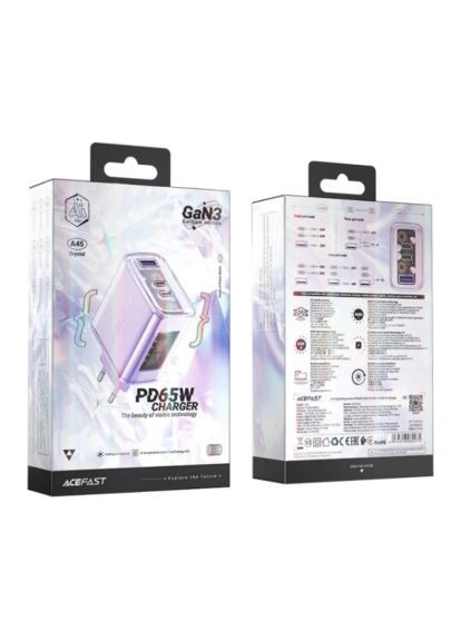 Зарядний пристрій 3xUSB 65W (2xUSB-C+USB-A) Gan A45 Fast Charger Purple alfalfa (6974316282075) Acefast 3xUSB 65W (2xUSB-C+USB-A) Gan A45 Fast Charger Pur (370020085)